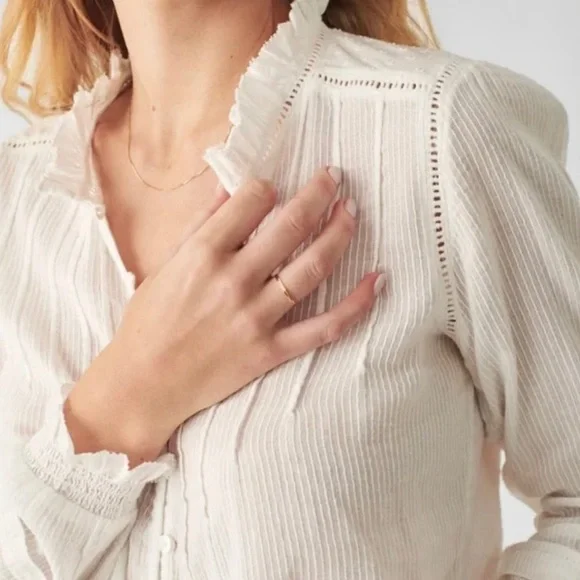 Faherty Willa Organic Cotton Ruffled Pintucked White Ivory Blouse - Picture 2 of 7